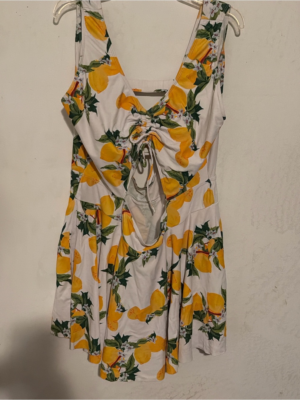 Lemon Print Cutout Mini Dress White Yellow Citrus Sundress Open Back Tie